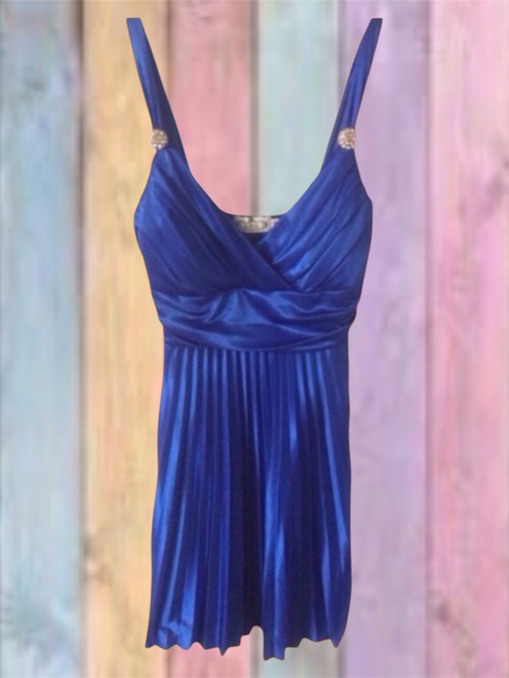 Trixxi Royal Blue Satin V-neck Lined Pleated Dress